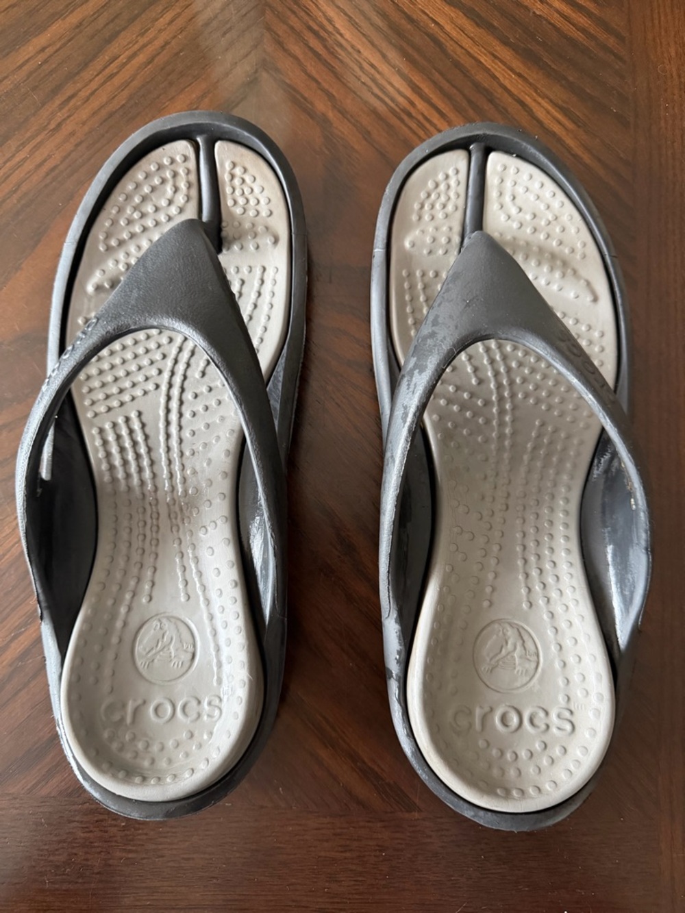 CROCS Two-Tone Flip Flops in Dark Gray and Light Gray